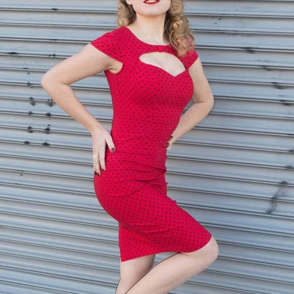 Hell Bunny Vixen Dresses & Skirts - HELL BUNNY VIXEN Sandy Pencil Dress Red Polka Dot Retro Rockabilly Pinup US M 10